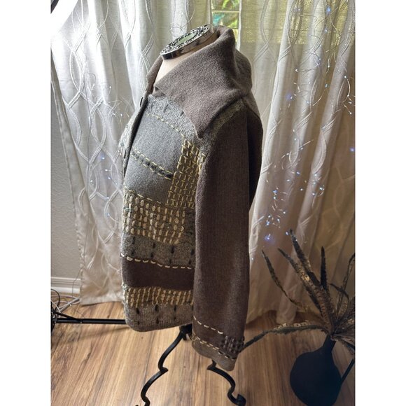 J Jill Patchwork Wool Blend Cardigan Sweater Chunky Mixed Knit Heather Pewter M - Picture 9 of 16